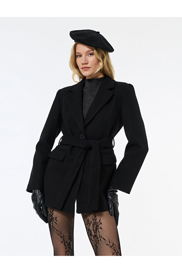 Short Coat, Cashmere, Belted, with Pockets, Double-Breasted, Long-Sleeved