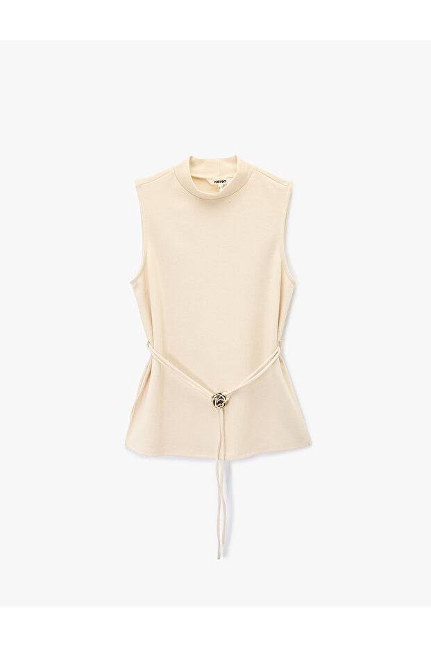 Mock Neck Sleeveless Belted Blouse