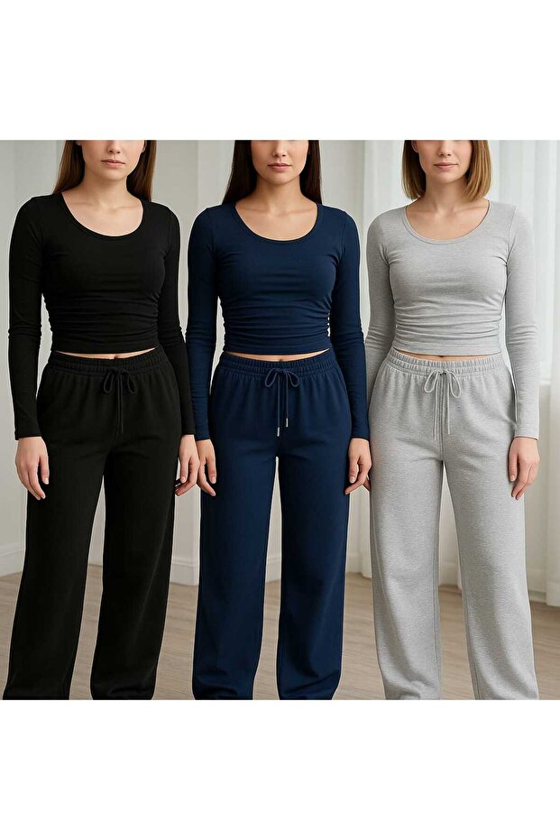3 (Pieces) Black-Grey-Navy Blue Straight Leg Loose Fit Flexible Comfortable Fabric Sweatpants Bottom 777