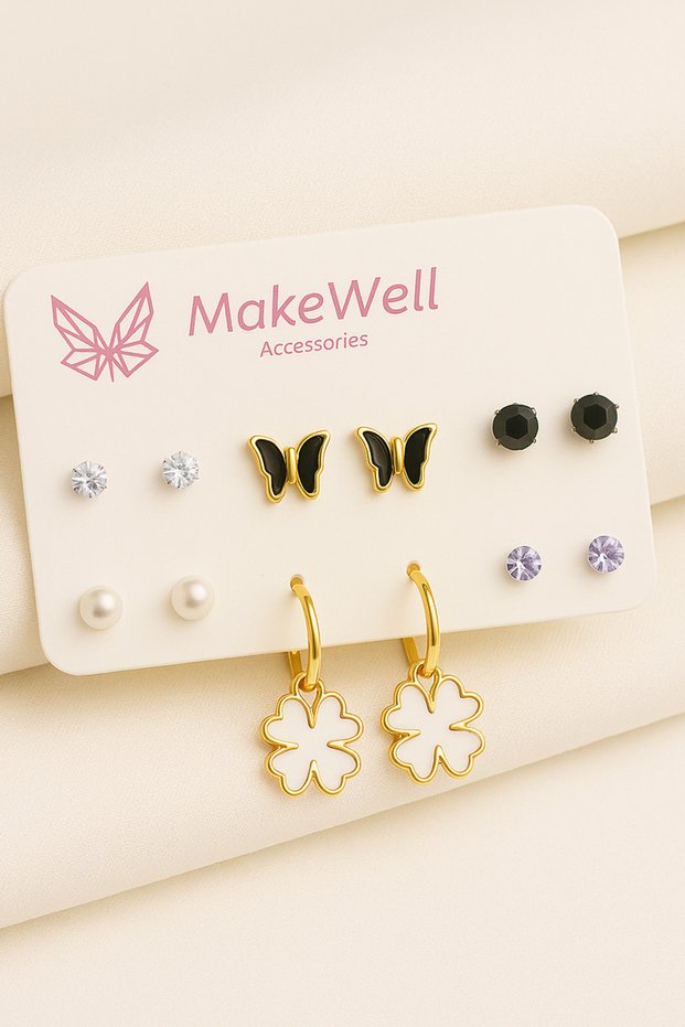 White Purple Pink Colored Stone Children's Earring Set with Bow Flower Butterfly Design