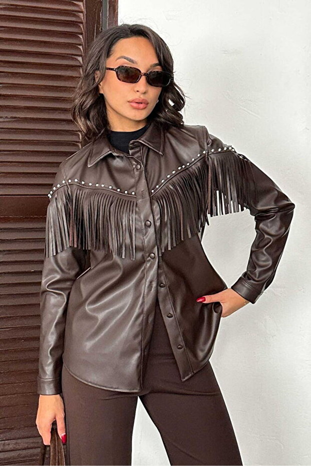 DROPLU PÜSKÜLLÜ SUNİ DERİ GÖMLEK - 1