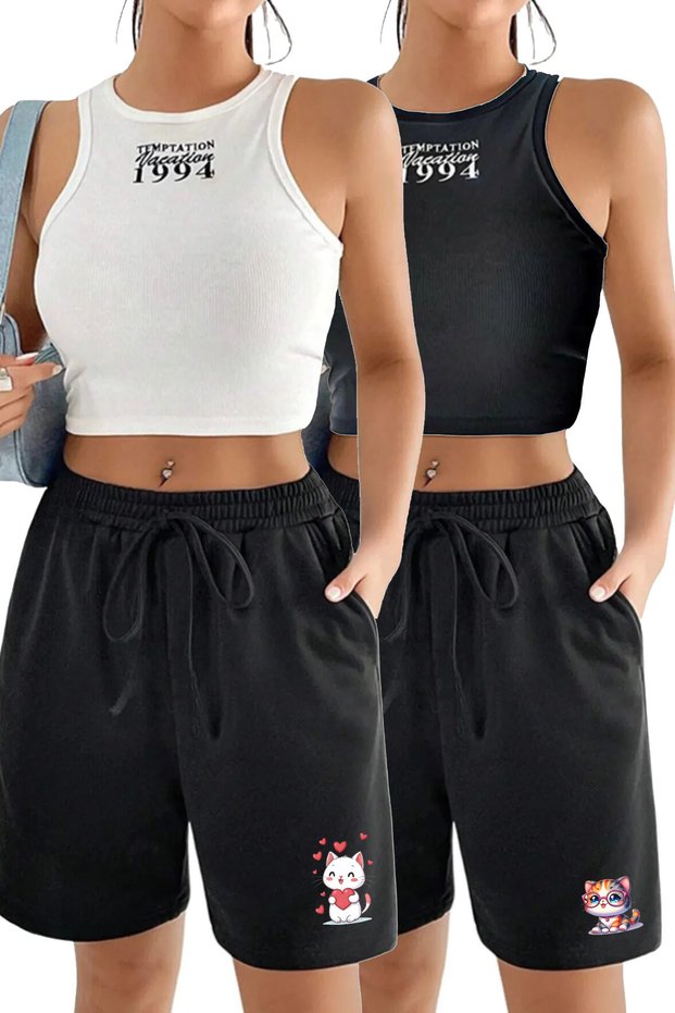 2Pcs Black 2-Pack Solid Color Women's Regular Sports Athlete Shorts