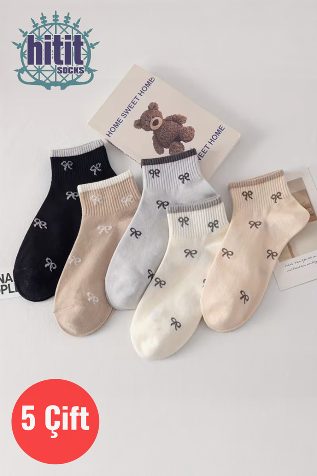 Women's 5 Pairs Premium Quality Mini Ribbon Patterned Cute Short College Ankle Socks