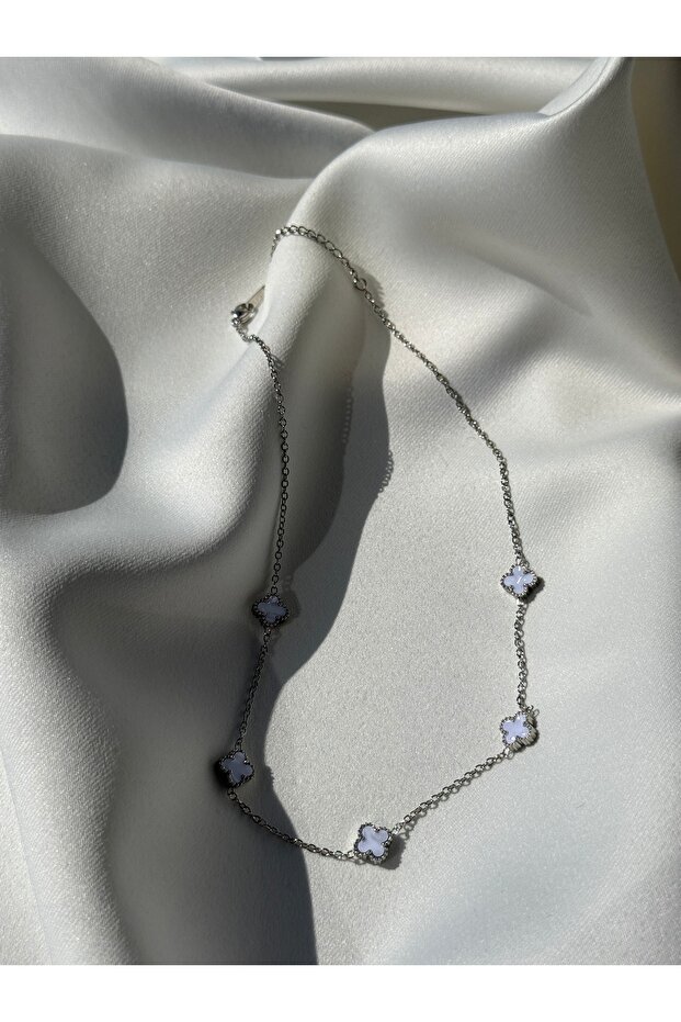 Steel White Four Leaf Figured Necklace Silver