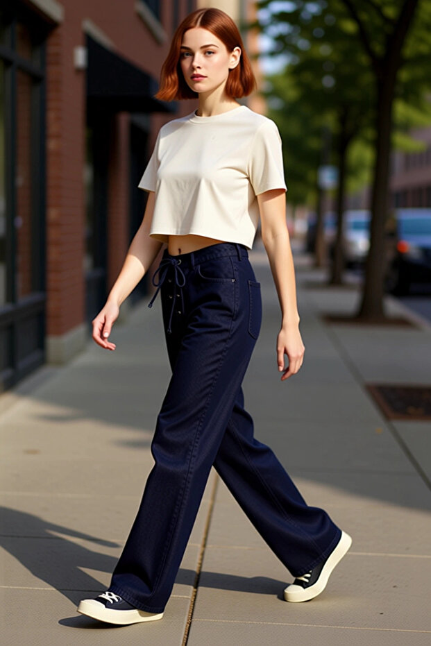 Women's Dark Lacing Detailed Wide Leg Denim Trousers Functional Durable Quality Comfortable