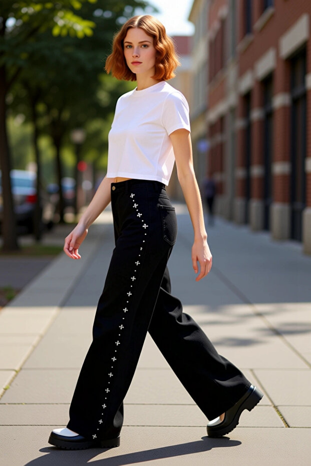 Women's Wide Leg Stone Detailed Denim Trousers Functional Durable Quality Comfortable Modern