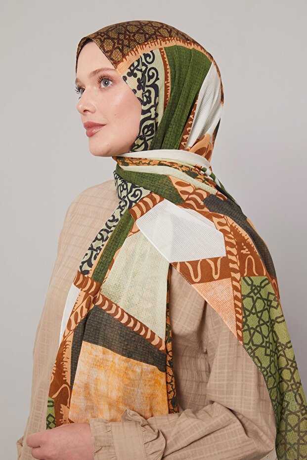 شال قطني بنمط مختلط باللون الأخضر - 1