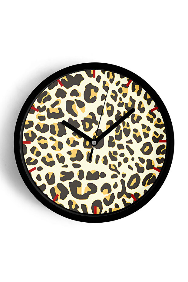 Leopard Patterned Modern Wall Clock - 35cm - Black Case with Glass Front - Silent Mechanism