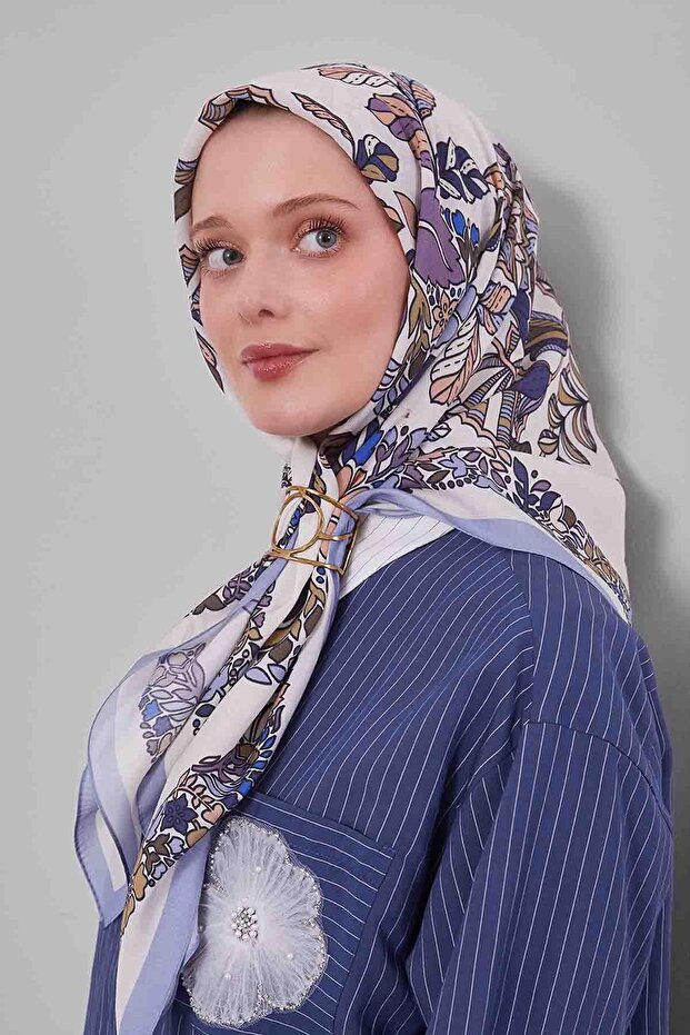 وشاح أورا بنمط أوراق الزهور الزرقاء - 2