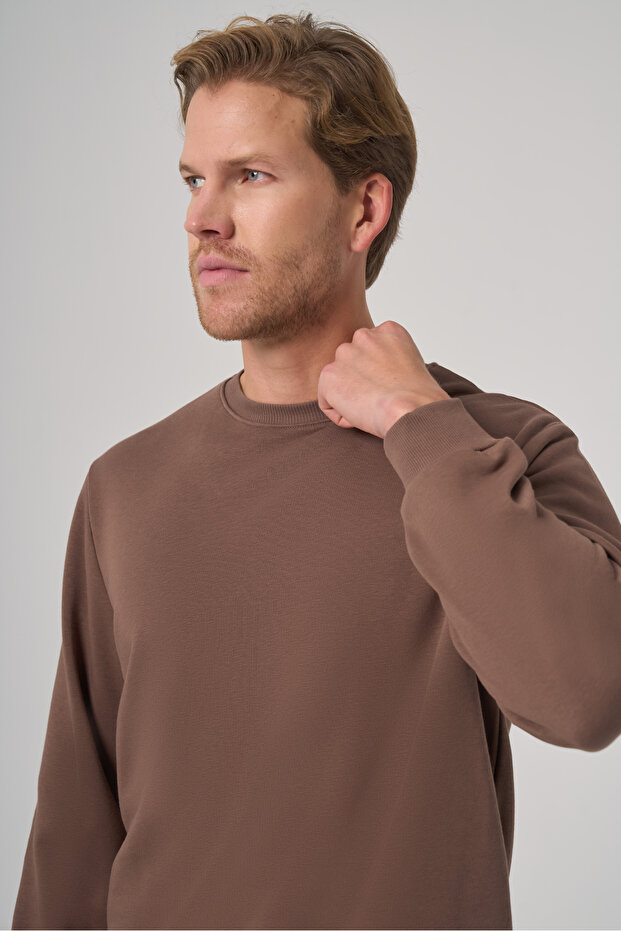 Erkek KAHVE Basic Bisiklet Yaka Sweatshirt - 3