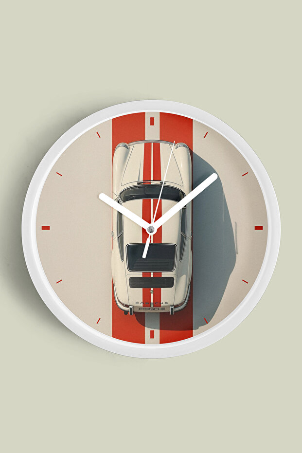 Retro Classic Car Modern Wall Clock - 42cm - White Case with Glass Front - Silent Mechanism