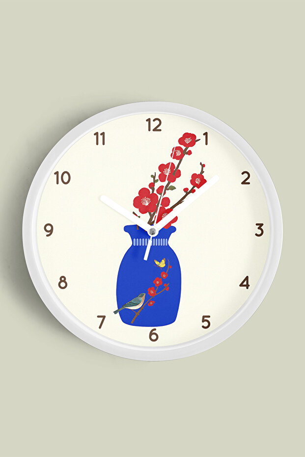 ساعة حائط بتصميم عصري من Blooming Time - 30 سم - هيكل أبيض مع زجاج أمامي - آلية صامتة