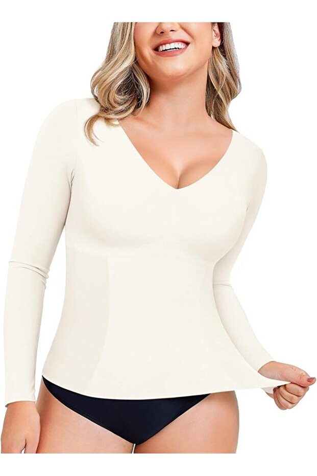 Women's V-Neck Long Sleeve Shapewear Top - Slimming Compression Tank (Size Small)