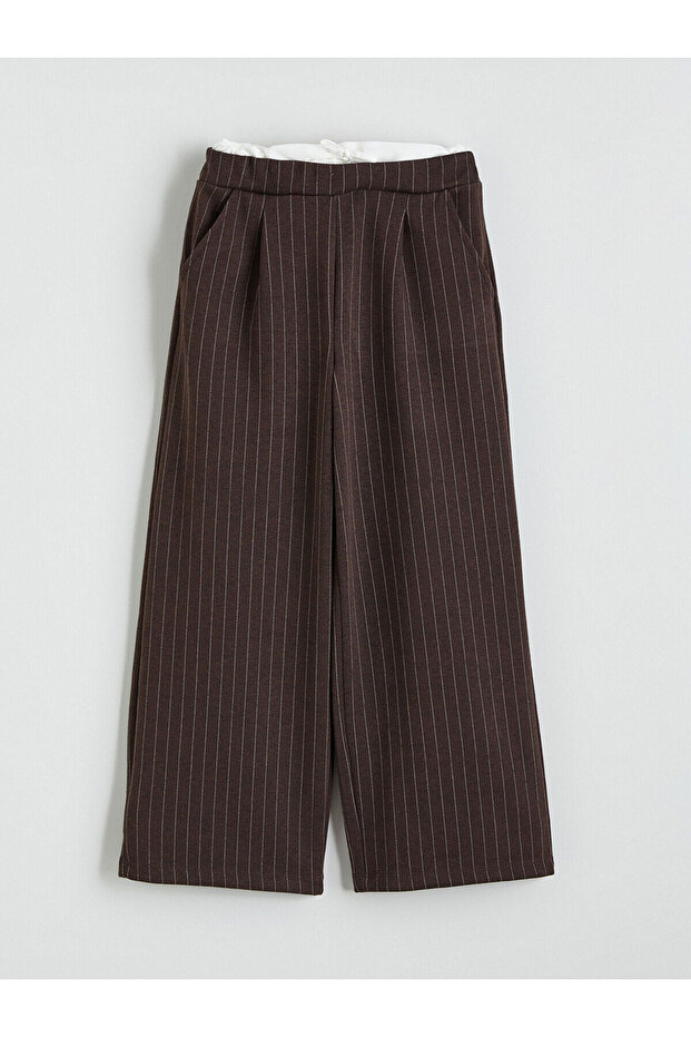 Brown Elastic Waist Pleated Girls' Trousers