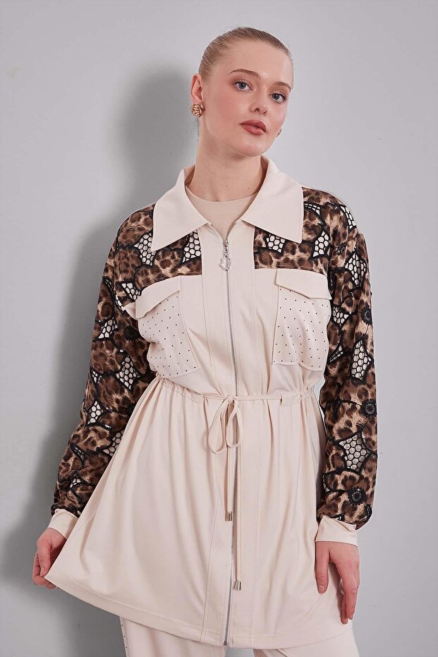 طقم مكون من قطعتين بنمط أكمام الفهد باللون البيج - 3