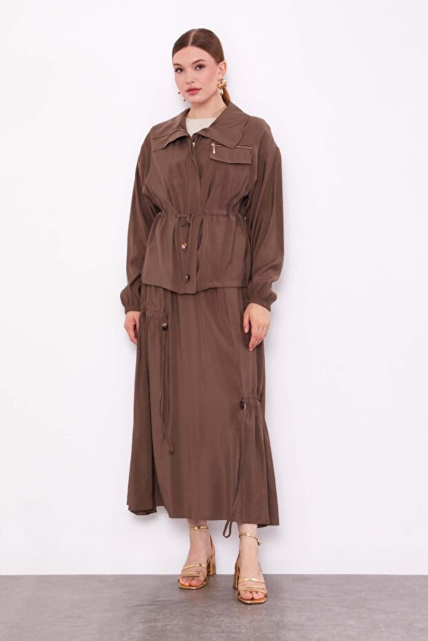 Brown Skirt Suit with Hidden Zipper Detail