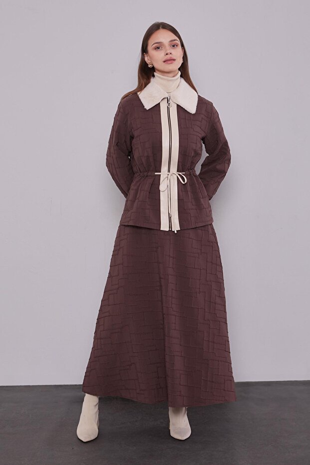 Coffee Self-Patterned Skirt Set - 1