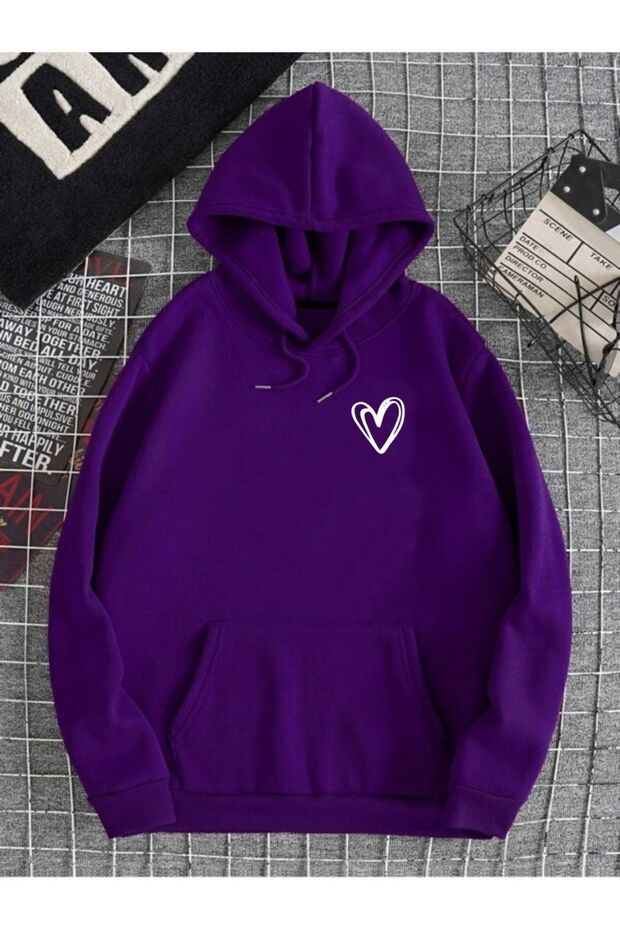 Unisex Purple Heart Printed Oversize Hooded Sweatshirt