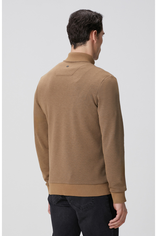 Camel Fermuarlı Yaka Garnili Sweatshirt - 5