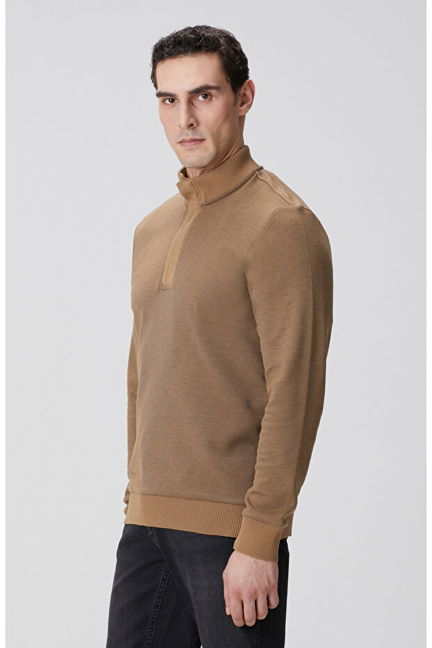 Camel Fermuarlı Yaka Garnili Sweatshirt - 4