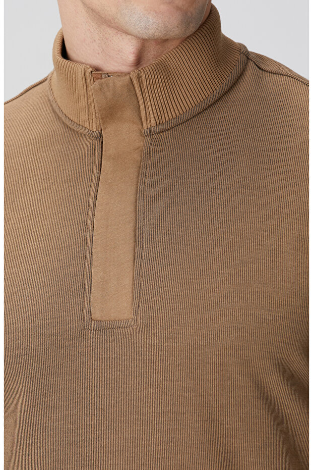 Camel Fermuarlı Yaka Garnili Sweatshirt - 6