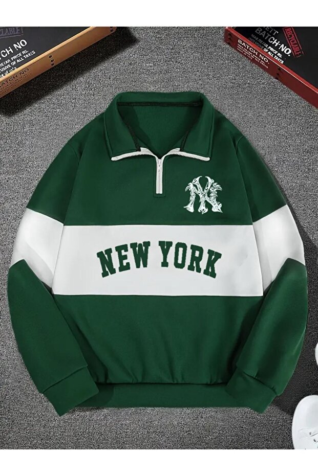 Unisex Green New York Printed Oversized Piece Polo Neck Zippered Sweatshirt