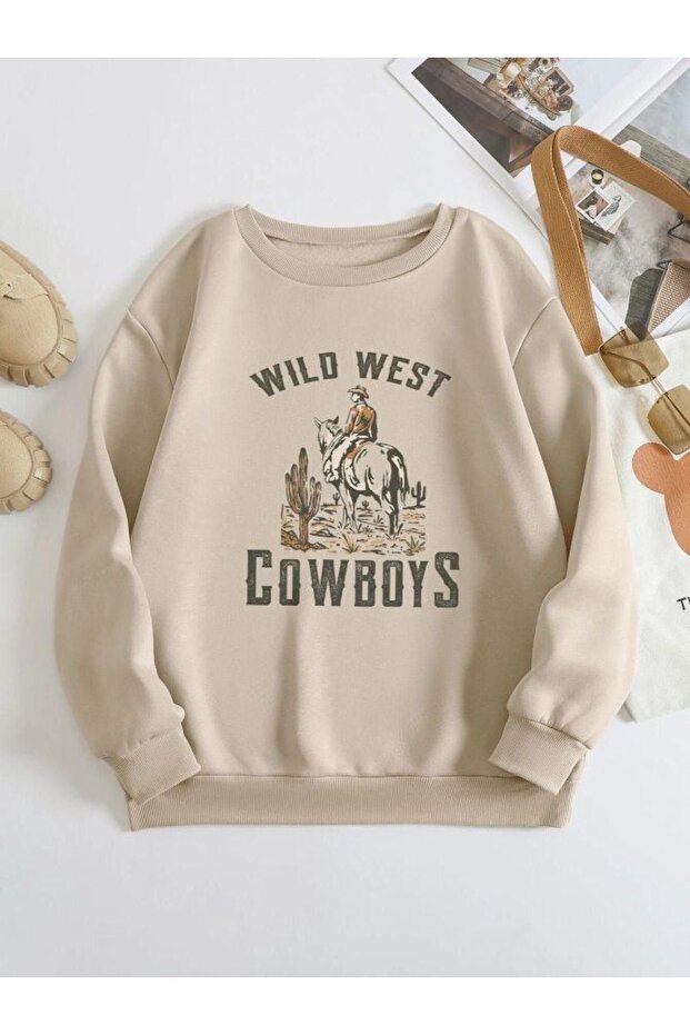 Women's Beige Cowboy Crew Neck Sweatshirt