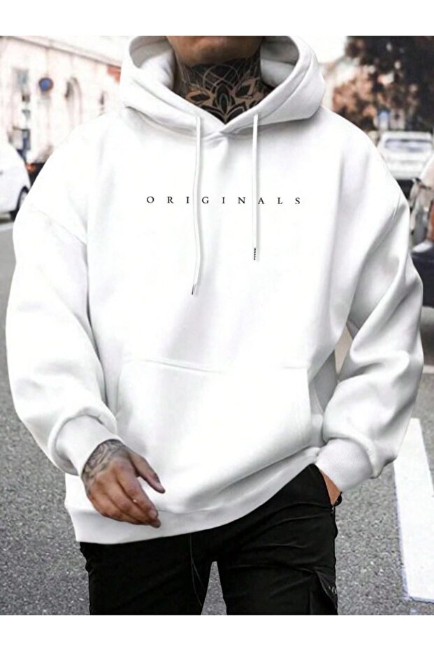 Men's White Originals Printed Oversize Hooded Sweatshirt