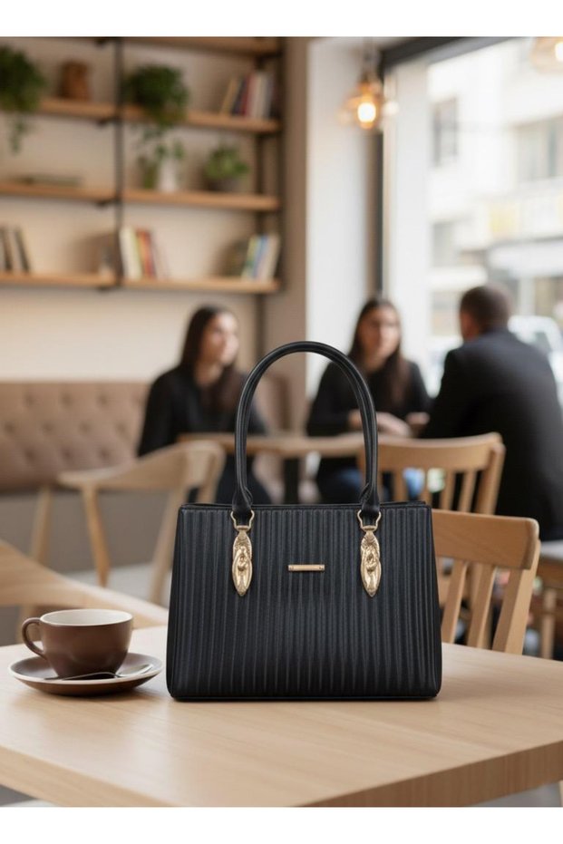Women's Black Leather Shoulder Bag – Handbag, Shoulder Bag, Gold Yellow Detail