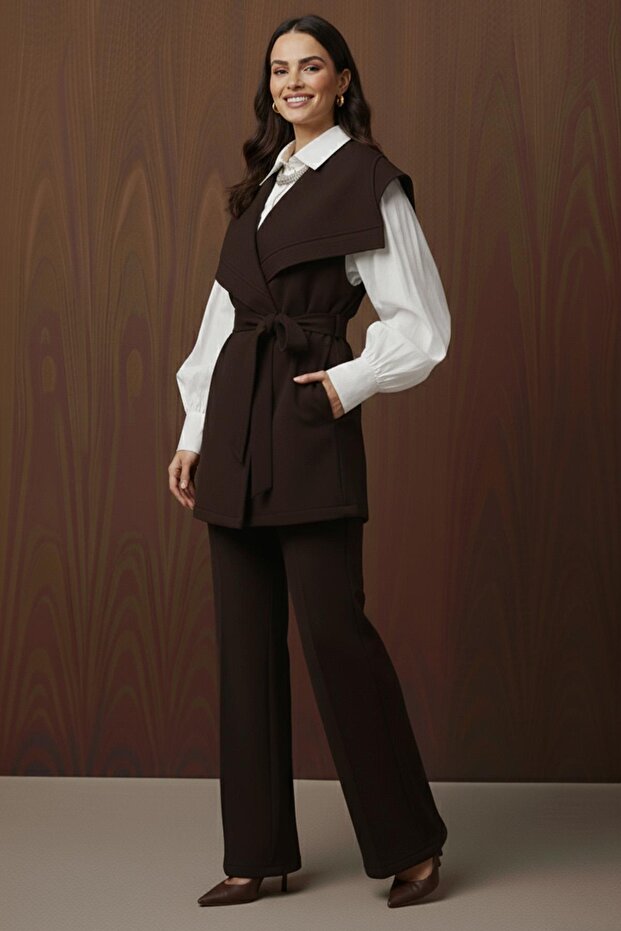 Women's Stitched Detailed Belted Scuba Vest Set - 14398Tkm - Brown