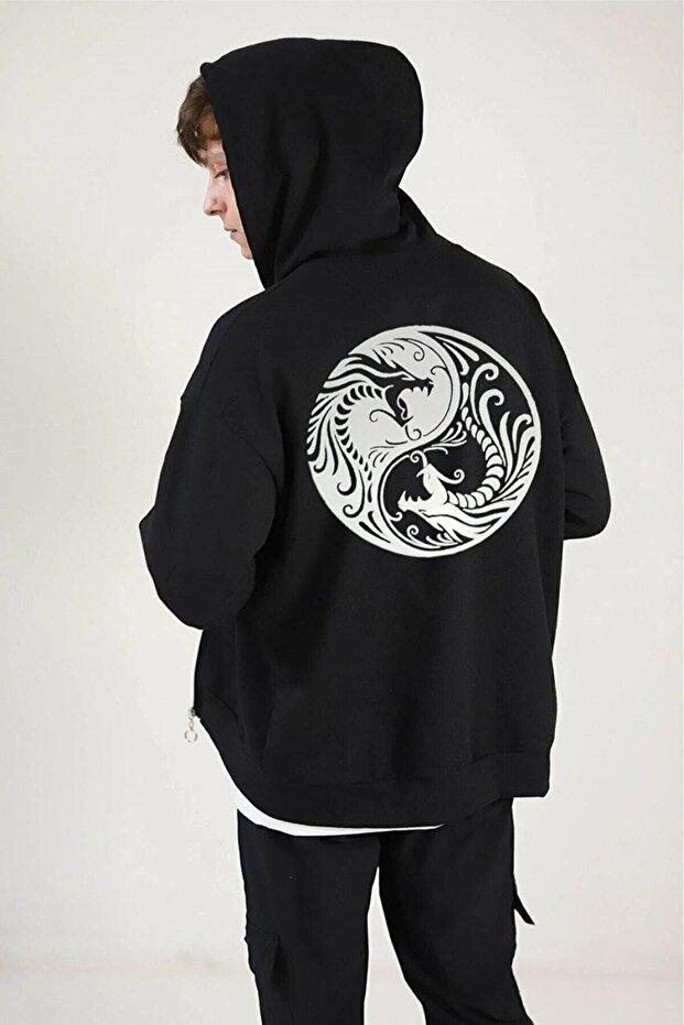 Unisex Black Back Printed Thin Seasonal Hooded Oversize Cardigan
