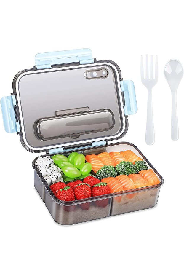 صندوق غداء للأطفال، صندوق غداء بينتو بثلاث أقسام، صندوق غداء بلاستيكي سعة 1500 مل مع ملعقة وشوكة (أزرق)