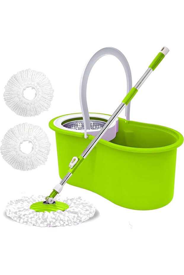Easy 360 Degree Spin Mop and Bucket set – Stainless Steel Handle, 2 Microfiber Reusable Pads Green
