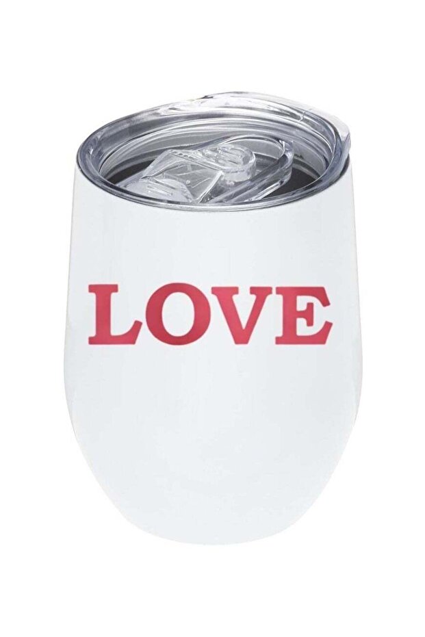 White Tumbler 12Oz With Lid,Love Printed, Perfect For Hot And Cold Drinks