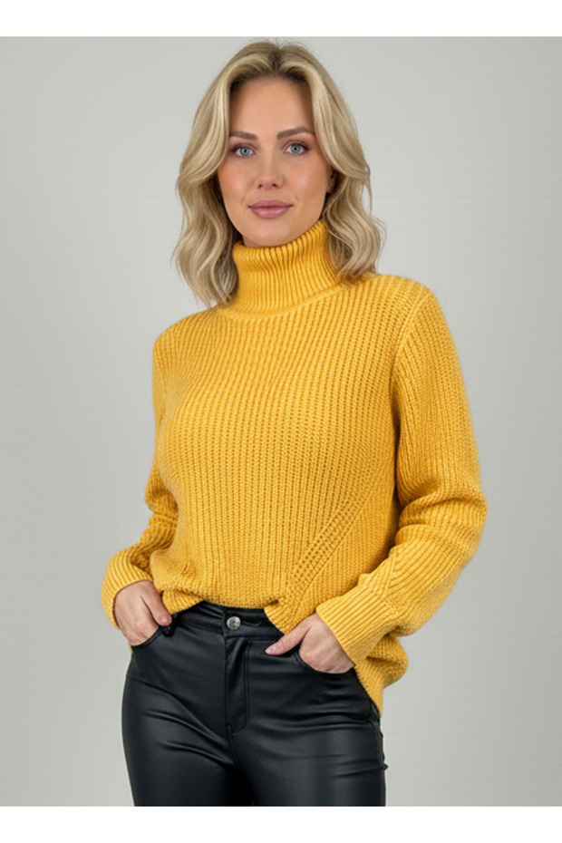 Women's Lemon Yellow Thick Knit Fisherman Turtleneck Sweater