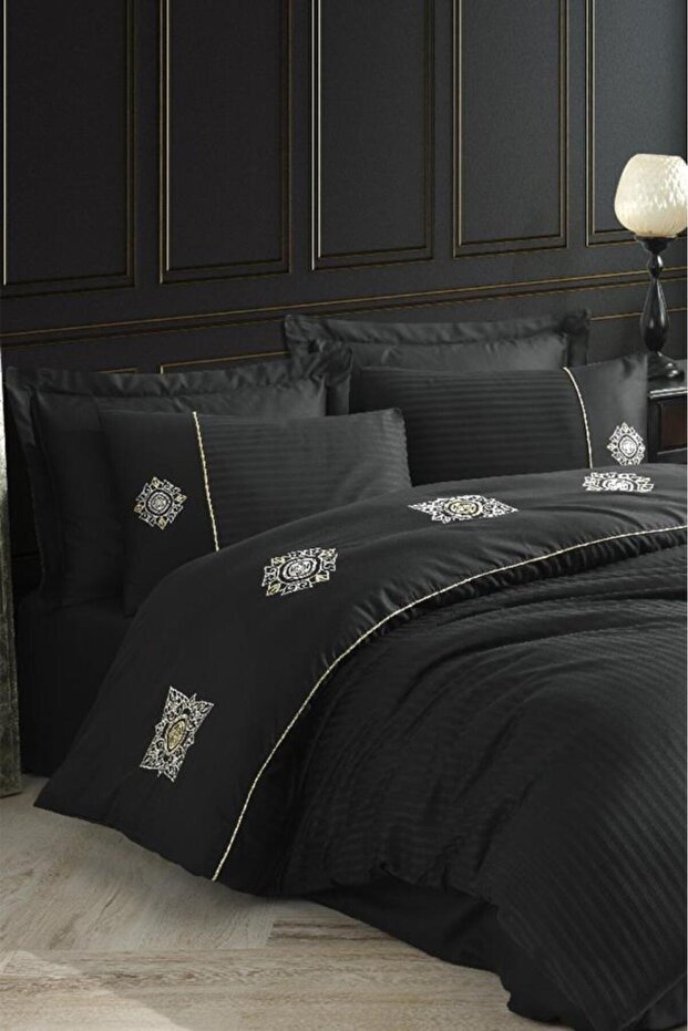 Elegant Embroidered Cotton Satin Double Duvet Cover Set Zeugma Black