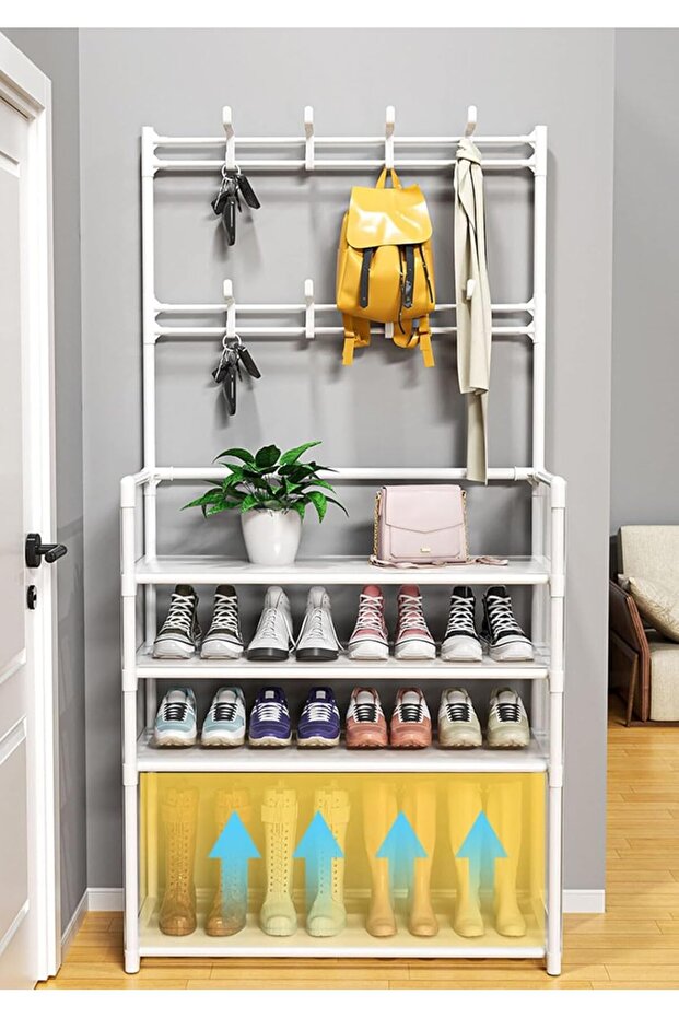 Metal Hat and Coat Rack with 8 Hooks, 5-Tier Free-Standing Shoe Rack