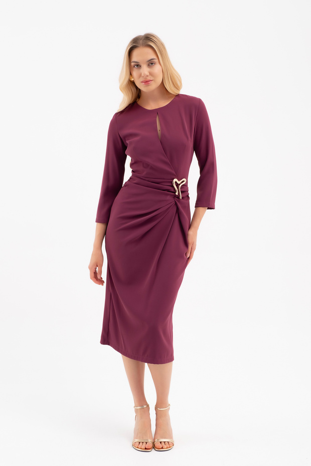 Women's Plum Slim Fit Accessory Detailed Midi Dress
