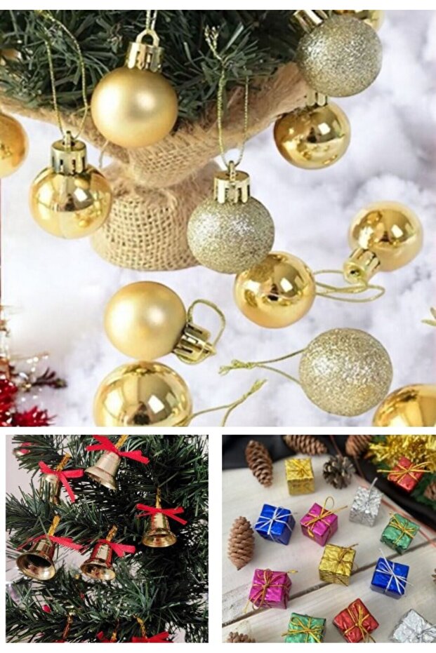 3-Piece Christmas Set - 12-Piece Mini Gift Package Ornament - 12-Piece Gold Christmas Tree Ball - 12-Piece Pine Tree Bell