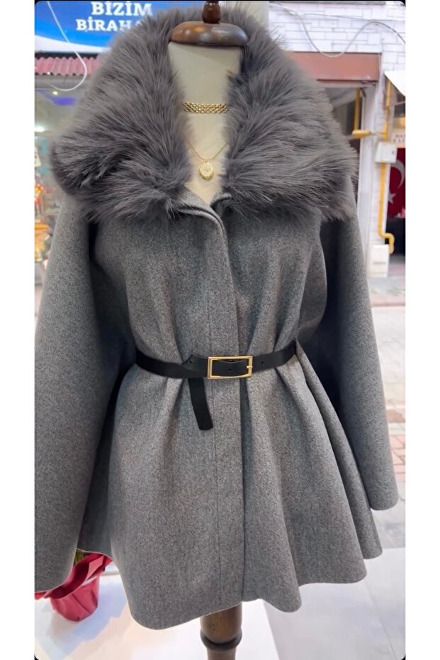 Kürk yaka kaşe panço - 2