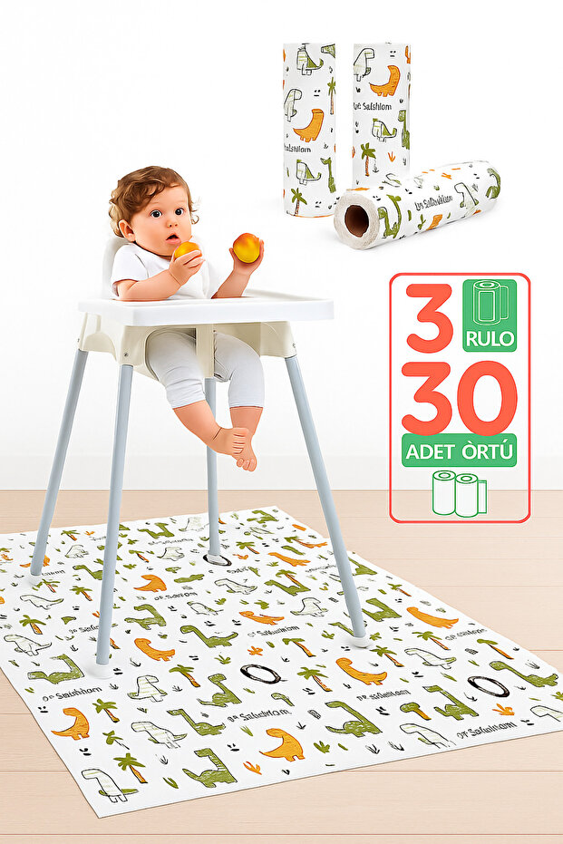 High Chair Underlay and Activity Cover 3 Rolls 30 Pieces 100X120 cm - Cute Dinosaurs