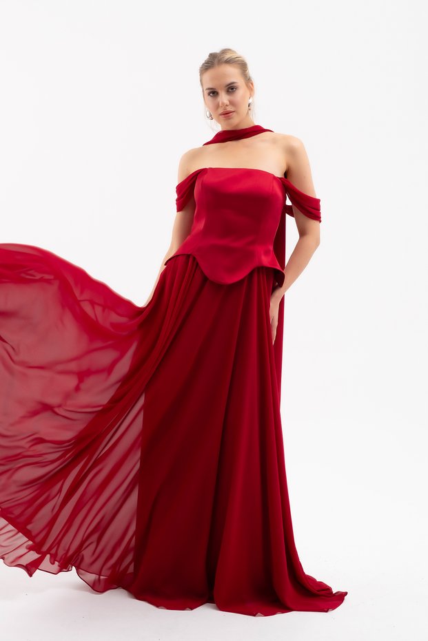 Women's Burgundy Shawl Collar Strapless Promise Engagement Evening Dress
