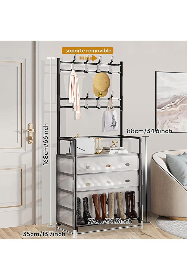 Shoe Organizer 3-in-1 57cm Wide with Doors, 4-Level Shoe Rack & 8 Hooks