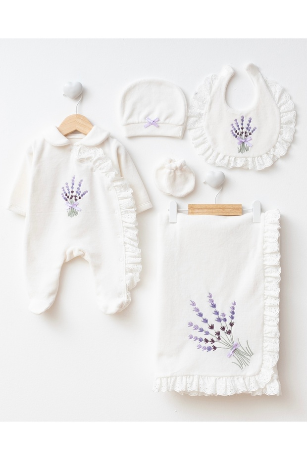 Lavender Embroidered Velvet 100% Cotton Newborn Organic Hospital Discharge Set Baby Girl