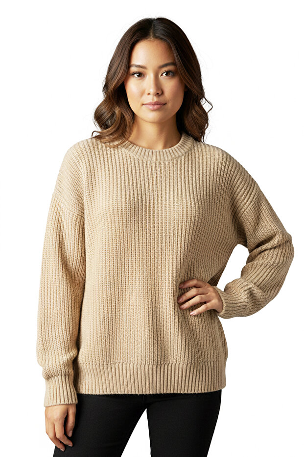 Kadın Bisiklet Yaka Oversize Örgü Kazak - 1