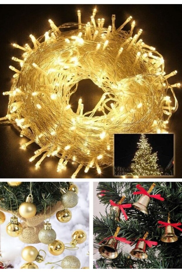 Special 3-Piece Christmas Set, 12 Gold Christmas Tree Balls, 12 Pine Tree Bells, 10 Meters Fairy Led Light