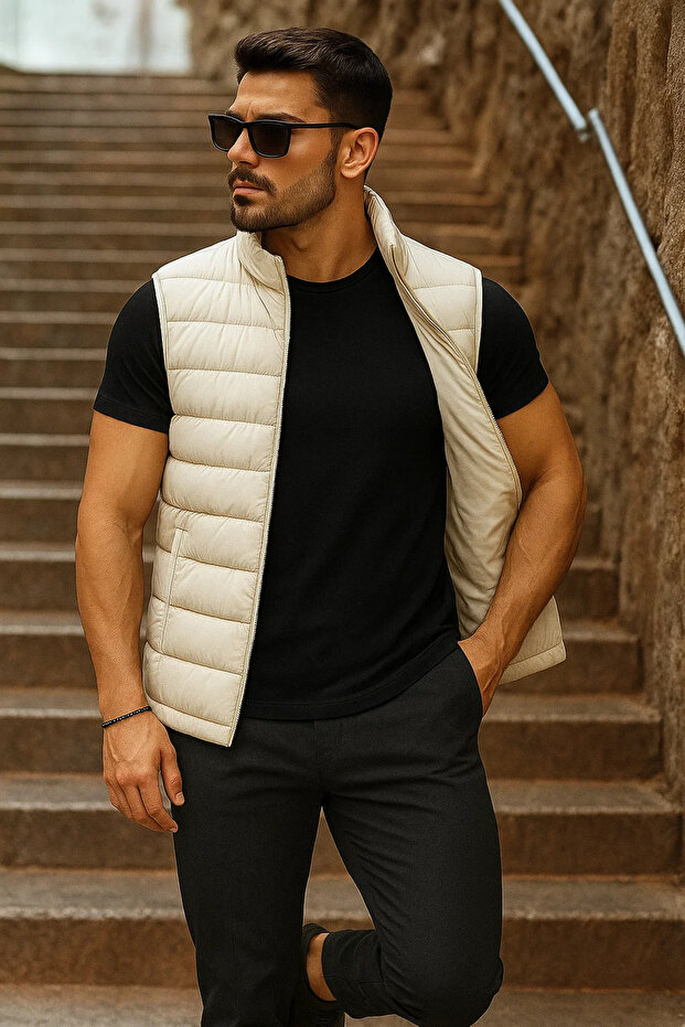 Erkek Cepli Kışlık Fermuarlı Basic Krem Şişme Yelek - 3