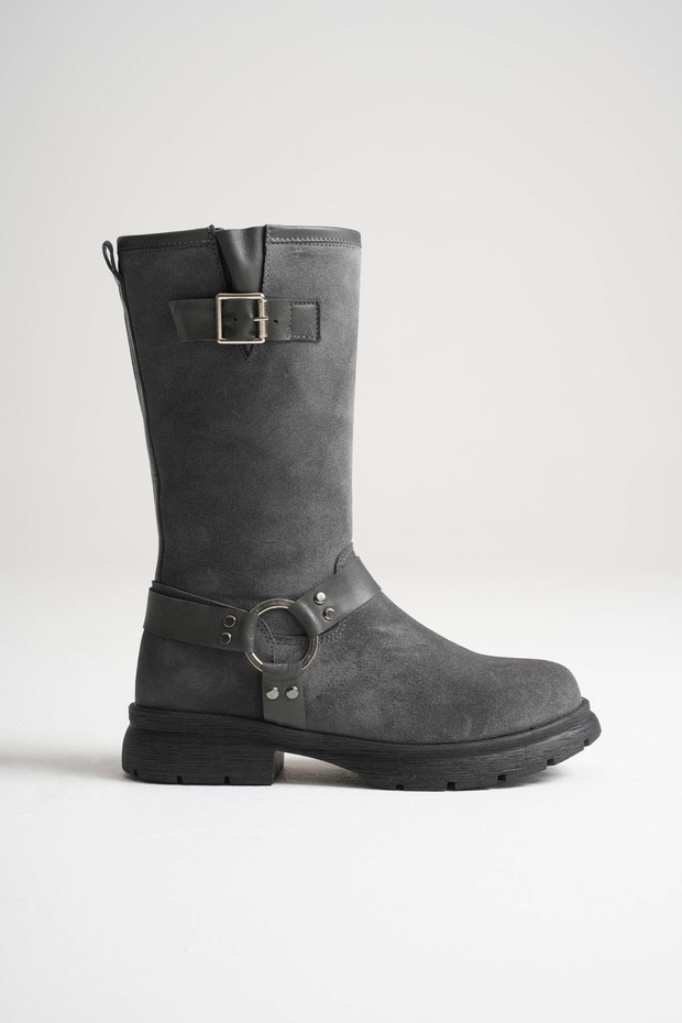 Women's Genuine Leather Riding Boots with Accessory Detail - Gray Suede