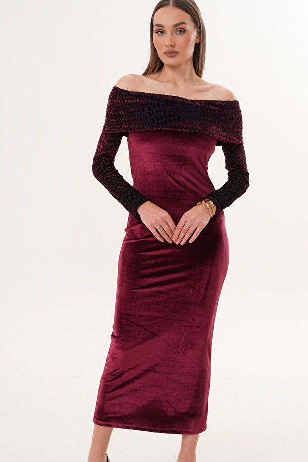 Velvet Devore Madonna Collar Long Sleeve Slit Midi Dress