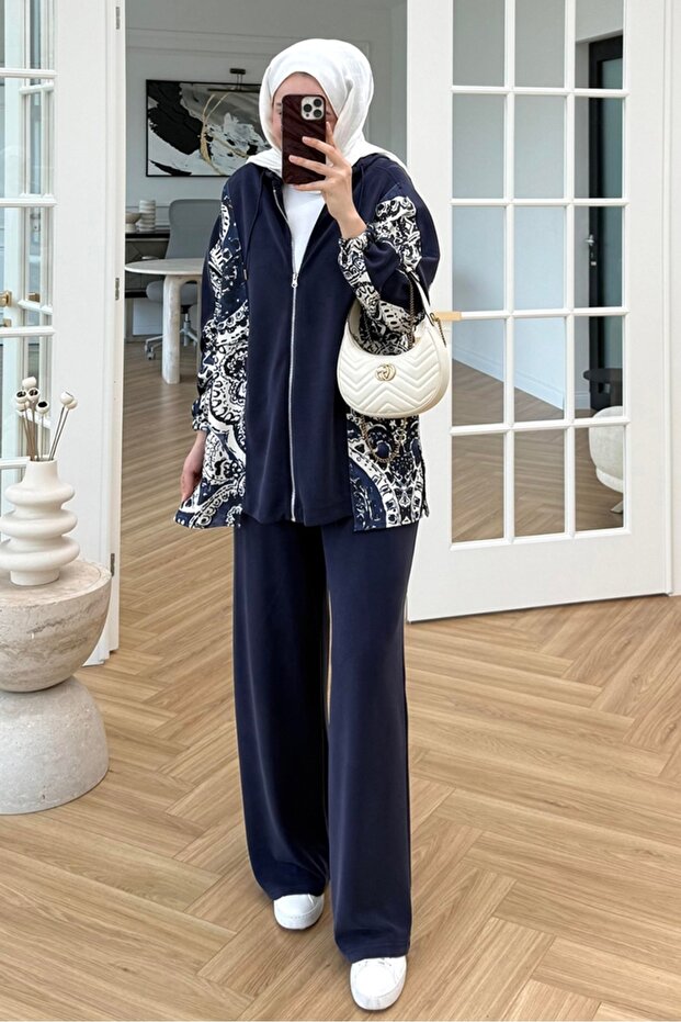 Patterned Double Set 1653 - Navy Blue - 2